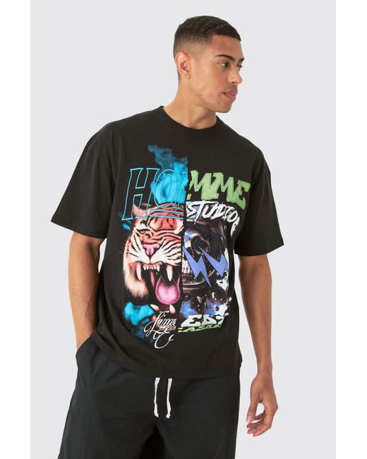 BoohooMAN Black Oversized Tiger Space Graphic T-shirt for men