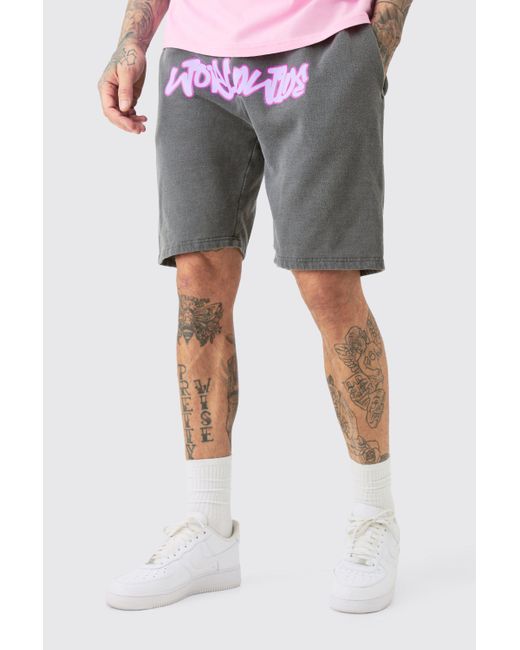 BoohooMAN Gray Tall Loose Fit Overdye Worldwide Graffiti Jersey Shorts for men