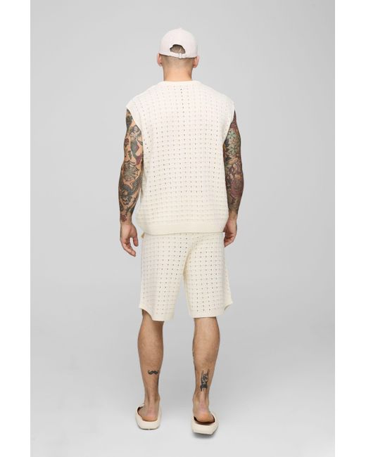 BoohooMAN Natural Oversized V Neck Tank & Relaxed Basketball Short Knitted Set for men