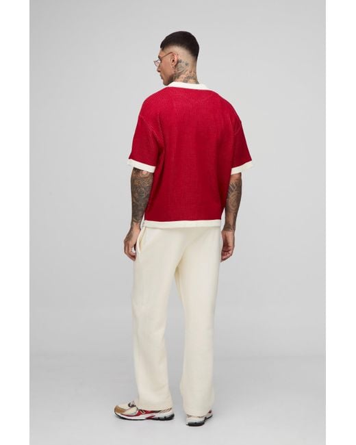 BoohooMAN Red Tall Oversized Boxy Rib Knitted Polo for men