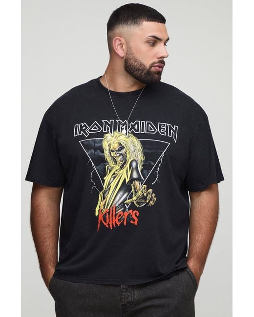 BoohooMAN Black Plus Oversized Iron Maiden License Print Acid Wash T-Shirt for men