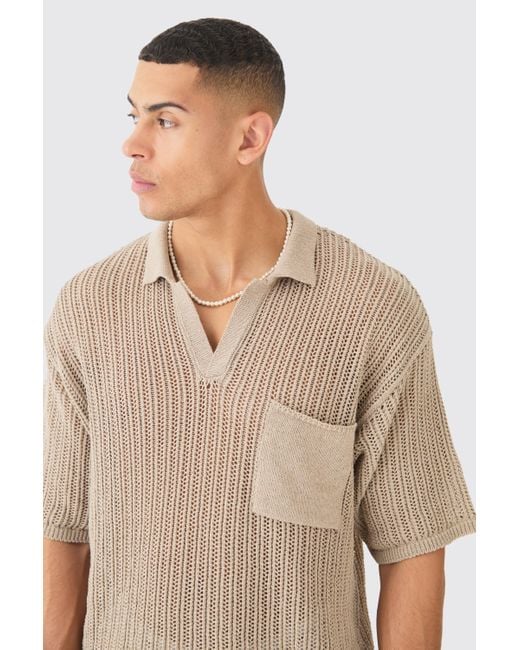 BoohooMAN Natural Oversized Boxy Open Stitch Polo With Pocket In Taupe for men