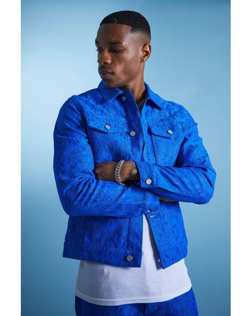 BoohooMAN Boxy Fit Lace Jean Jacket in Blue for Men Lyst