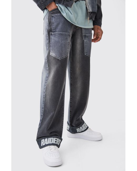 BoohooMAN Black Nfl Raiders Baggy Rigid Multi Pocket Spliced Jeans for men