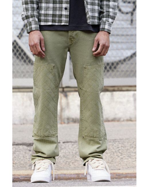 BoohooMAN Green Relaxed Rigid Top Stitch Detail Overdyed Carpenter Jean for men