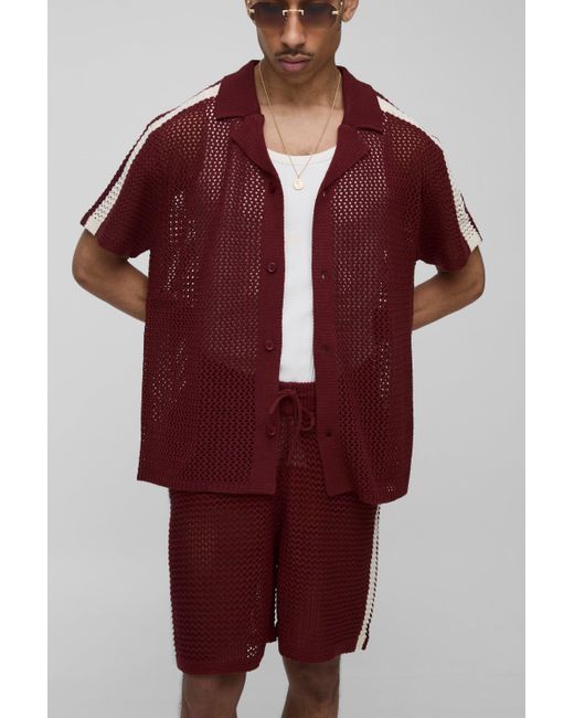 BoohooMAN Red Oversized Fit Revere Collar Stripe Side Knitted Short Polo Set for men