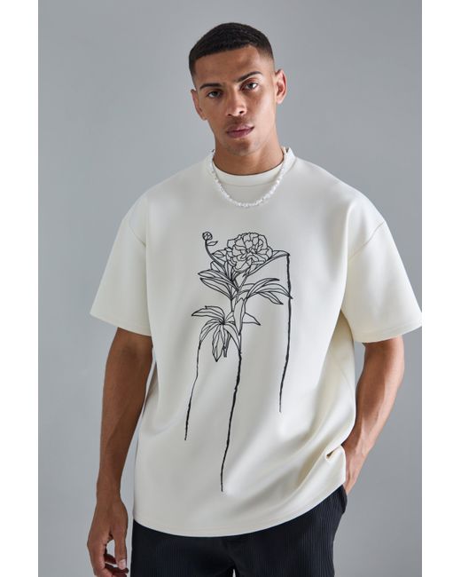 BoohooMAN Gray Oversized Floral Line Drawing Scuba T-shirt for men