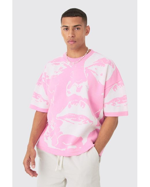 BoohooMAN Pink Oversized Line Drawing Knitted T-shirt for men