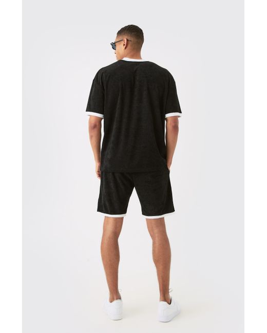 Boohoo Black Relaxed Fit Mid Length Layered Towelling Shorts