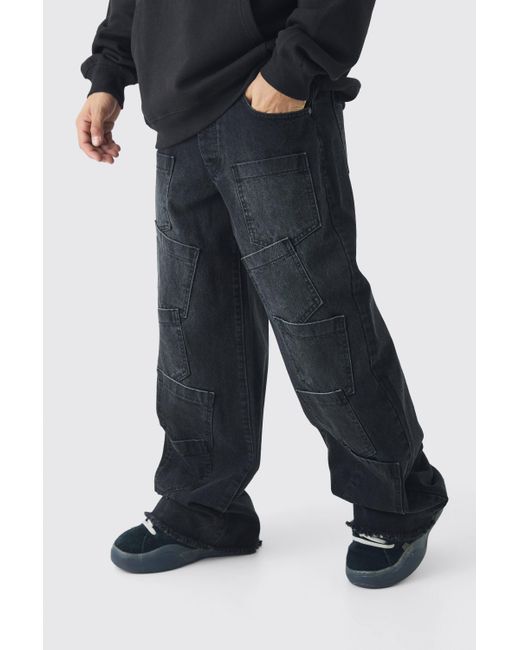 BoohooMAN Lockere Indigoblaue Jeans mit Taschen in Black für Herren