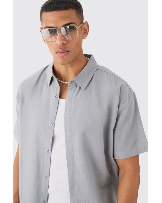 BoohooMAN Gray Oversized Linen Concealed Placket Shirt for men