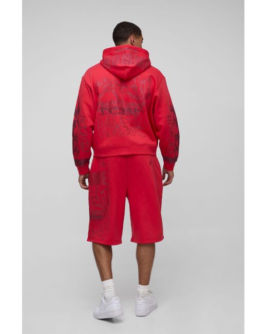 BoohooMAN Red Oversized Boxy All Over Print Jort Zip Through Tracksuit for men