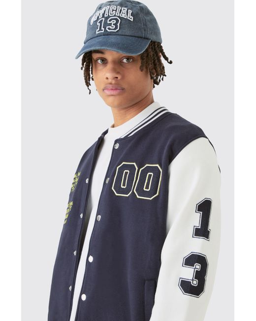 BoohooMAN Blue Jersey Varsity Bomber Jacket With Badges for men