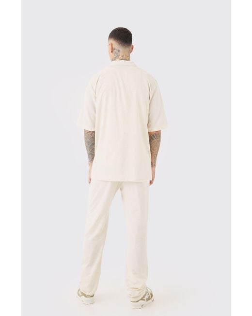 BoohooMAN White Tall Elasticated Waist Tapered Linen Pants In Natural for men