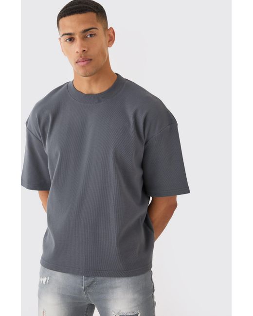 BoohooMAN Gray Oversized Boxy Extended Neck Heavyweight Ribbed T-shirt for men
