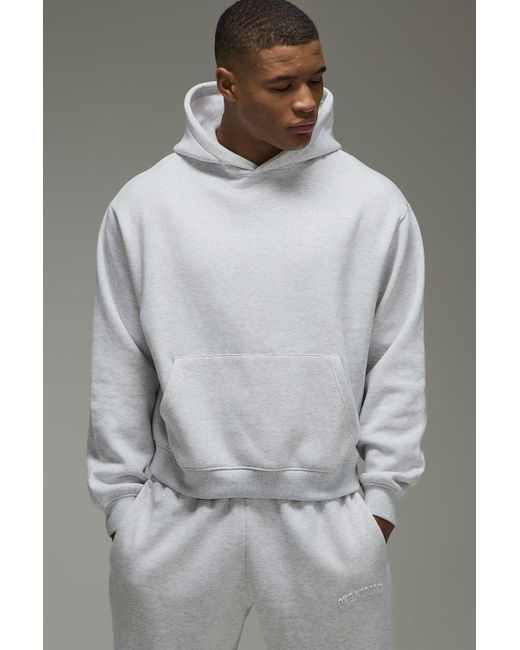 BoohooMAN Gray One More Rep Oversized Boxy Embossed Hoodie for men