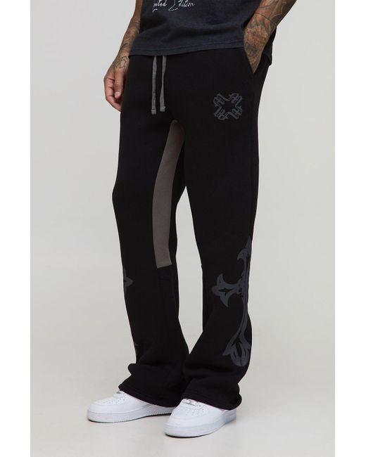 BoohooMAN Black Tall Regular Fit Gothic Cross Print Gusset Joggers for men