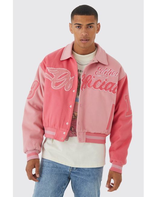 BoohooMAN Pink Boxy Spliced Tonal Varsity Jacket for men