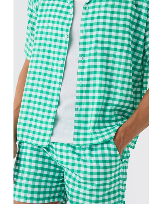 BoohooMAN Green Gingham Shirt & Trunks Set for men