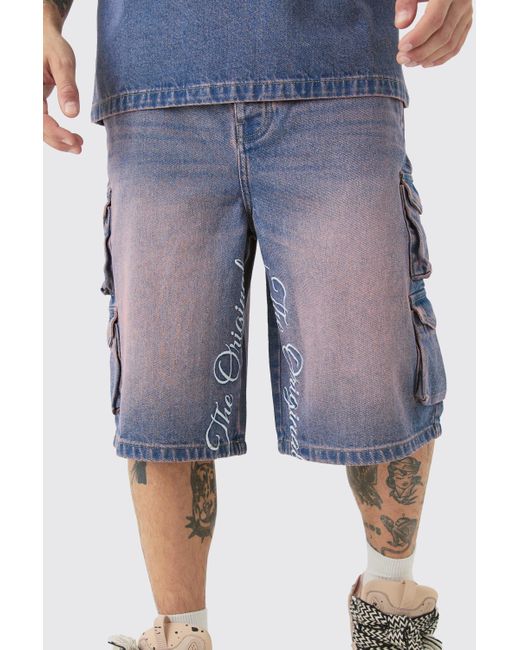 BoohooMAN Blue Embroidered Denim Cargo Jorts In Pink for men