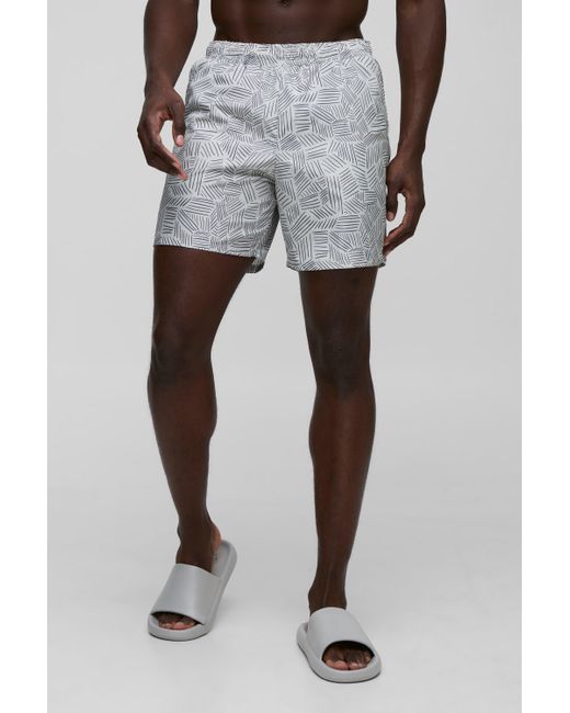 Boohoo Gray Abstract Printed Mid Length Swim Short