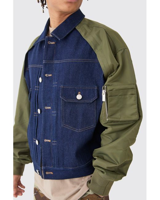 BoohooMAN Blue Nylon And Denim Boxy Fit Jacket for men