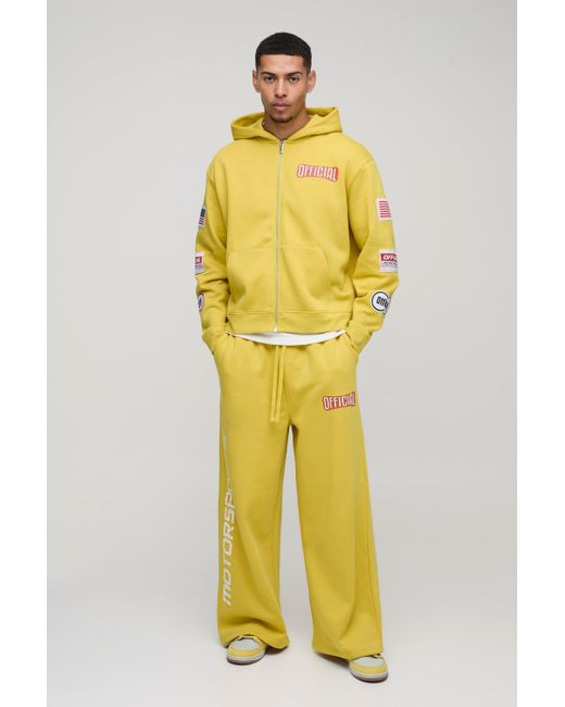 BoohooMAN Yellow Oversized Boxy Multi Moto Badge Zip Through Hooded Tracksuit for men