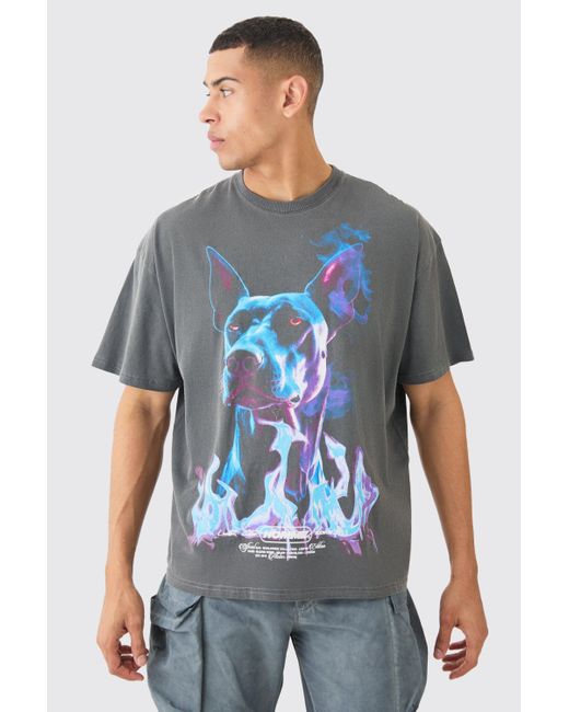 BoohooMAN Blue Oversized Extended Neck Dog Graphic Wash T-shirt for men