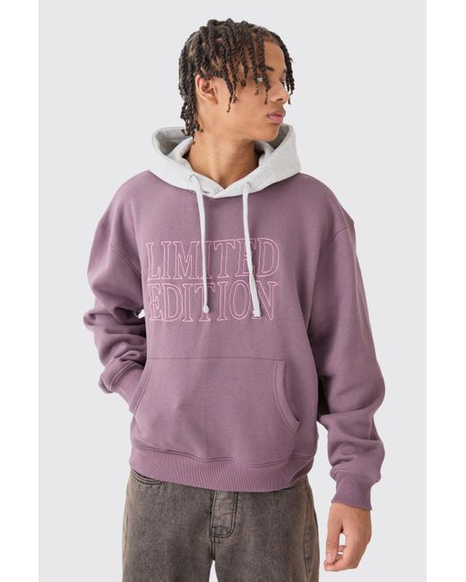 BoohooMAN Purple Oversized Boxy 3d Embroidered Edition Hoodie for men