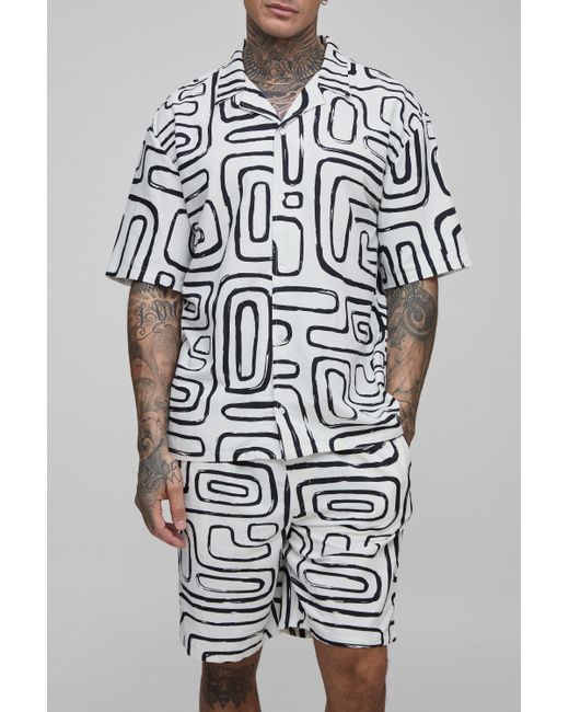 BoohooMAN Black Tall Linen Look Abstract Print Oversized Revere Shirt And Short Set for men