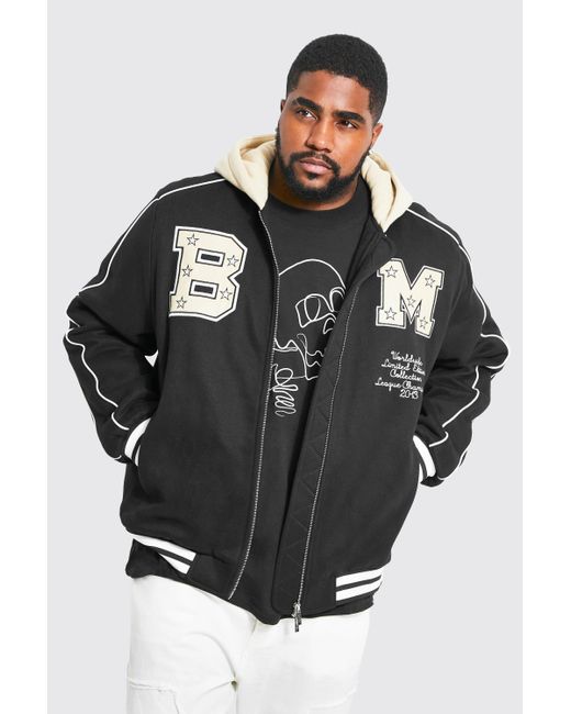 BoohooMAN Synthetic Plus Limited Edition Hooded Varsity Jacket in Black for Men | Lyst