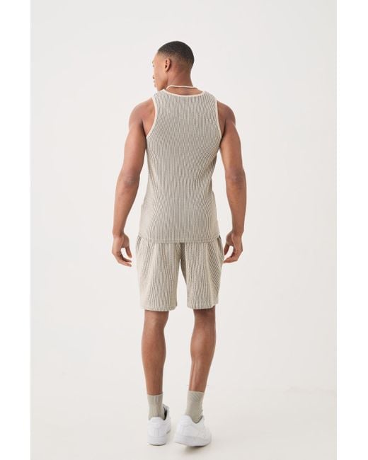 BoohooMAN Natural Muscle Fit Textured Tank With Woven Tab for men