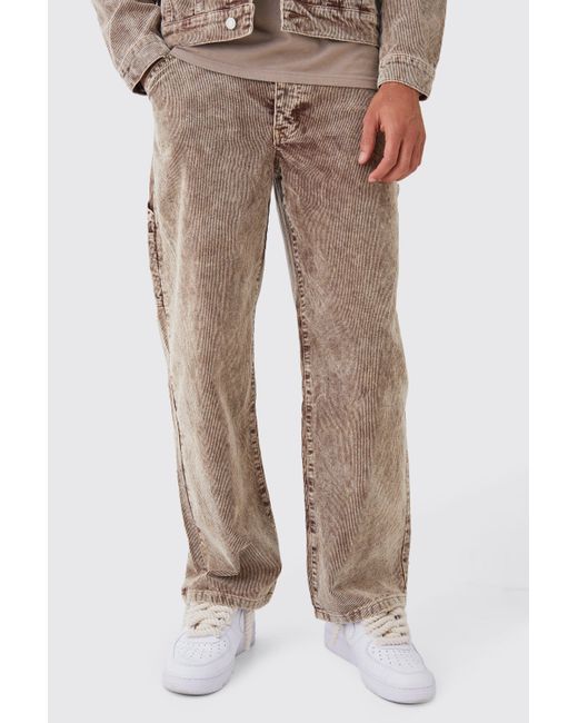 BoohooMAN Brown Baggy Rigid Acid Wash Cord Trousers In Chocolate for men