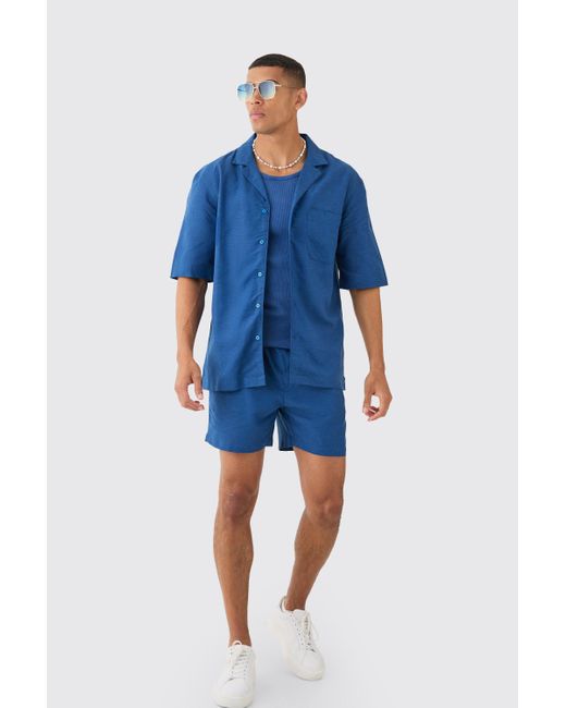 BoohooMAN Linen Pocket Detail Shirt & Short Set in Blue für Herren