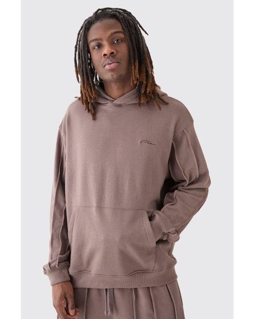 BoohooMAN Brown Oversized Raw Seam Signature Embroidered Hoodie for men