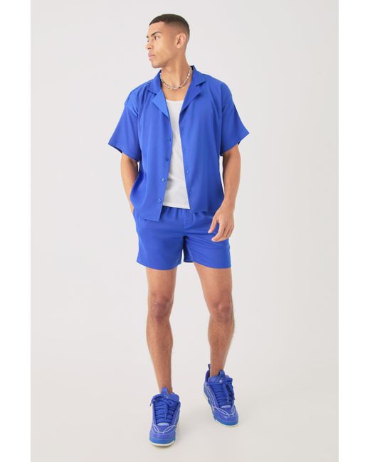 BoohooMAN Short Sleeve Boxy Satin Shirt & Short Set in Blue für Herren