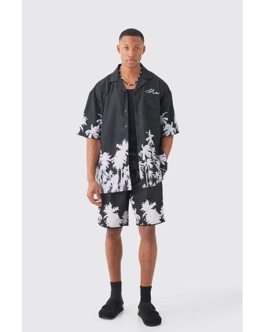 Boohoo Black Soft Twill Palm Hem Oversized Boxy Shirt & Short