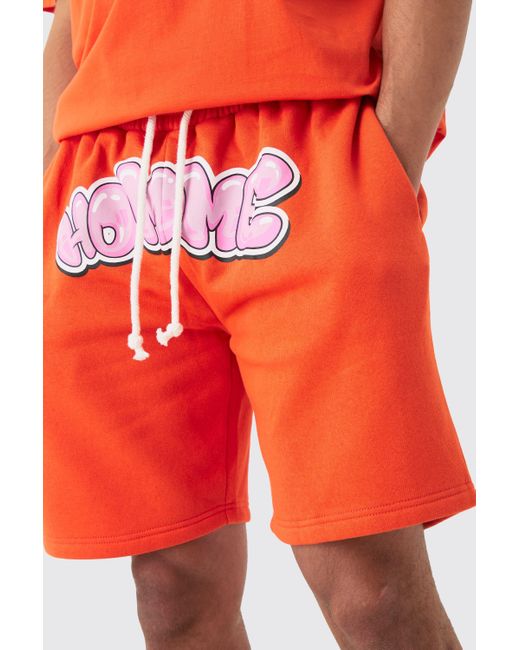 BoohooMAN Orange Relaxed Homme Print Jersey Shorts for men