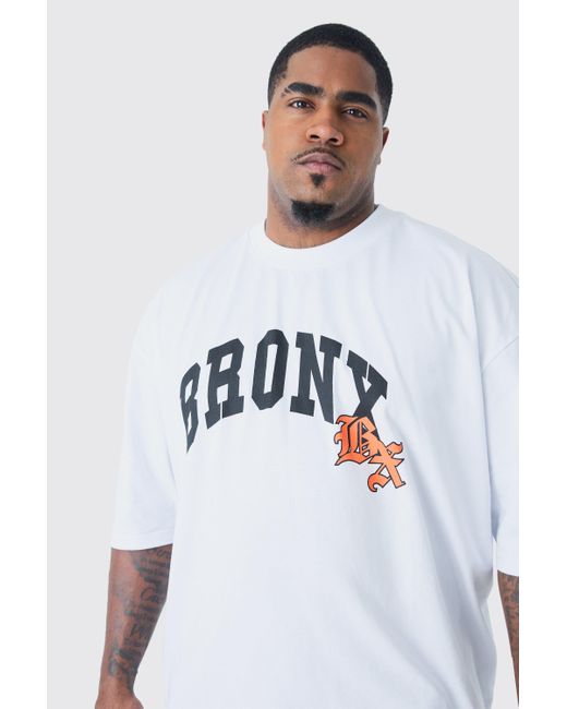 BoohooMAN White Plus Oversized Boxy Extended Neck Bronx T-shirt for men