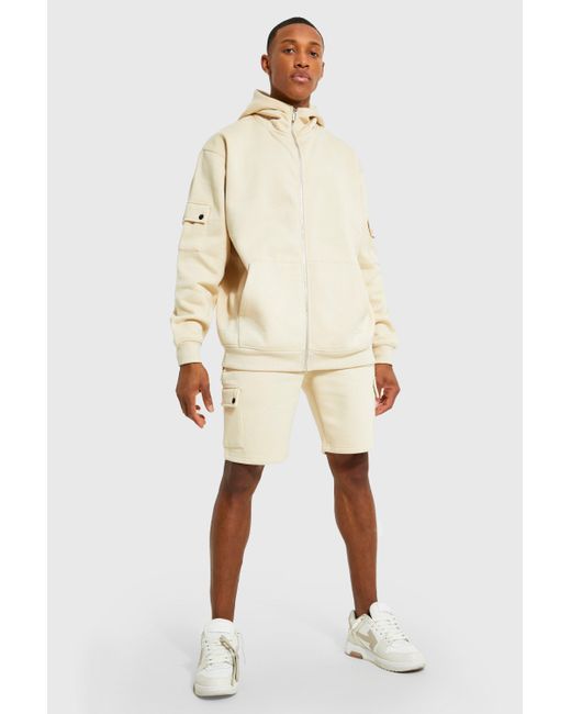 Boohoo Natural Oversized Cargo Funnel Hooded Short Tracksuit
