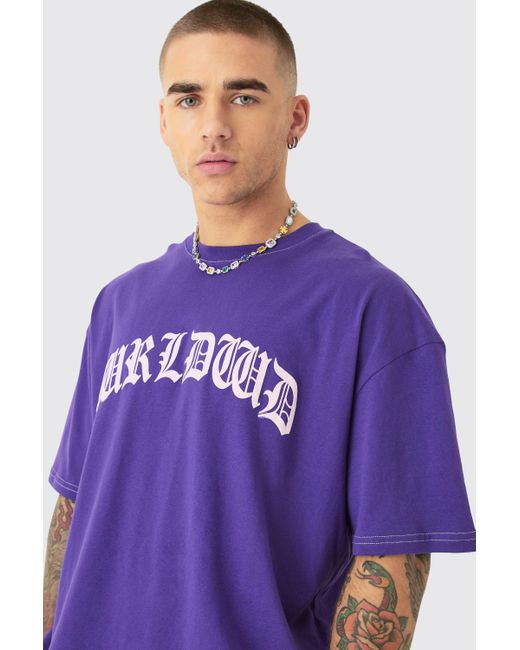 BoohooMAN Purple Oversized Boxy Contrast Stitch Puff Print T-shirt & Short Set for men