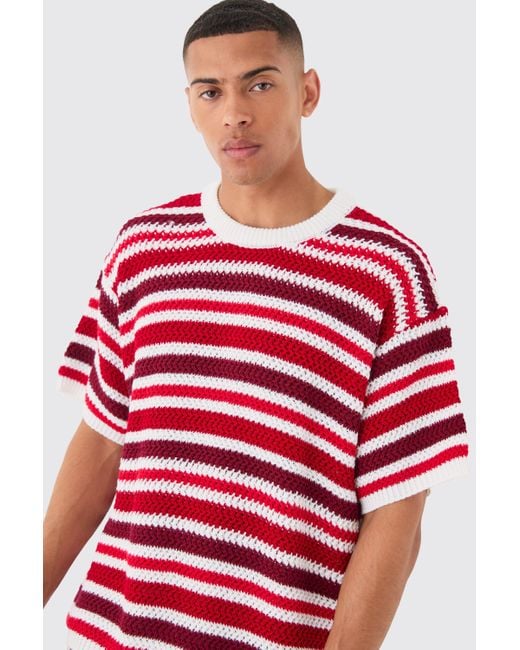 BoohooMAN Oversized Stripe Knitted T-shirt In White in Red für Herren