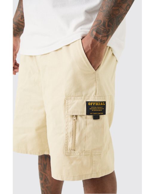 BoohooMAN Natural Plus Fixed Waist Twill Relaxed Cargo Zip Detail Tab Short for men