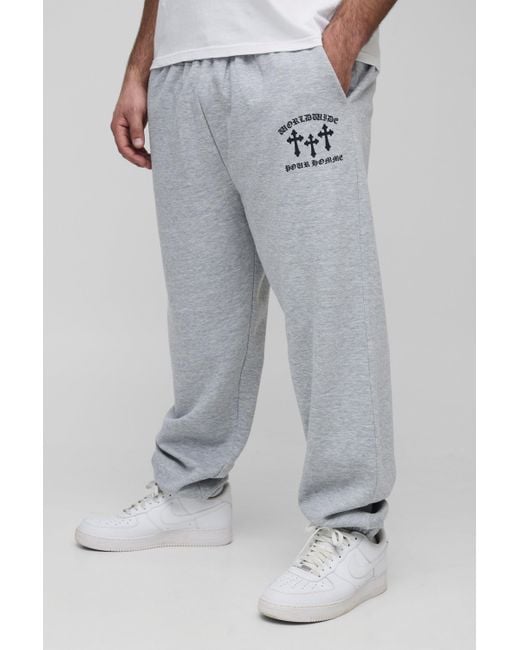 BoohooMAN Gray Plus Cross Print Oversized Sweatpants for men
