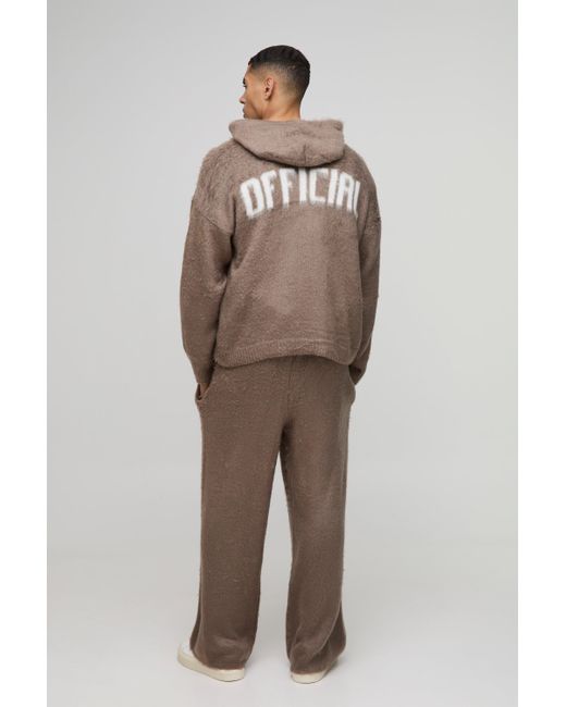 BoohooMAN Brown Oversized Boxy Fluffy Zip Through Knitted Hooded Tracksuit for men
