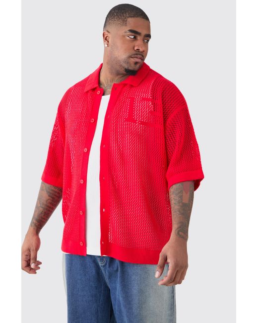 BoohooMAN Plus Short Sleeve Open Stitch Varsity Knit Shirt In Red for men