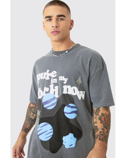 BoohooMAN Gray Oversized Washed Space Puff Print T-shirt for men