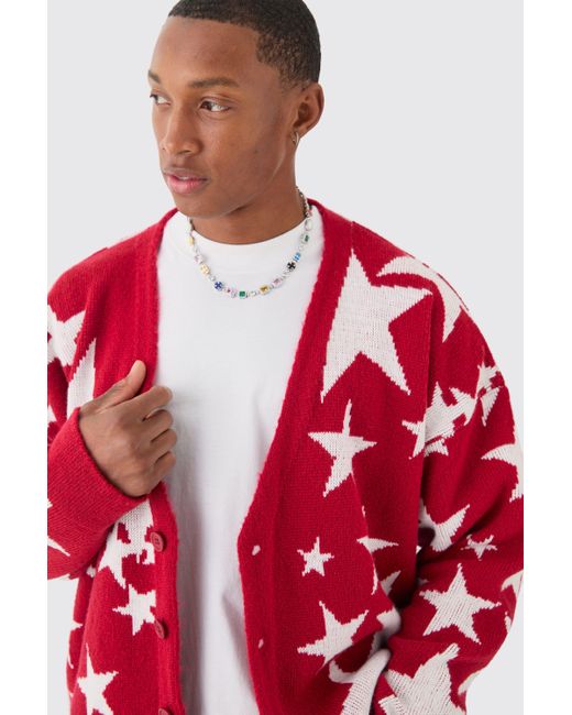 BoohooMAN Red Boxy Oversized Brushed Star All Over Jacquard Cardigan for men