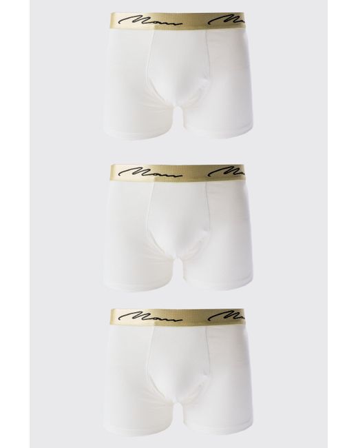 BoohooMAN 3 Pack Signature Gold Waistband Boxers In White for men