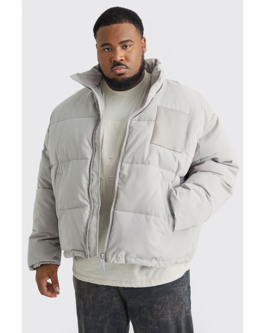 BoohooMAN Gray Plus Boxy Oversized Pu Patch Peached Nylon Puffer for men